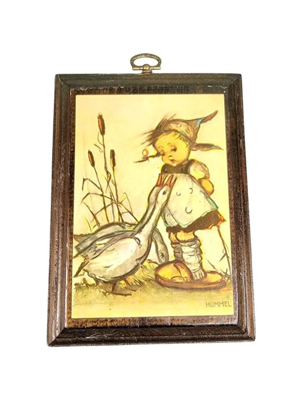 Vintage 40s Hummel Print on Wood Little Goose Girl Wall Hanging Plaque Home Deco